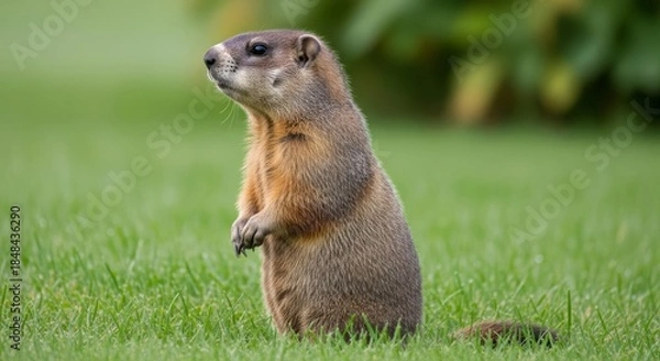Obraz Groundhog standing alert near its burrow in a grassy field. A burrowing rodent known for predicting seasons, thick fur, and strong connection to nature and countryside life.