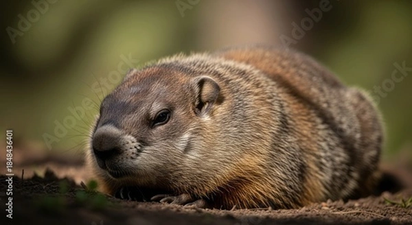 Obraz Groundhog standing alert near its burrow in a grassy field. A burrowing rodent known for predicting seasons, thick fur, and strong connection to nature and countryside life.