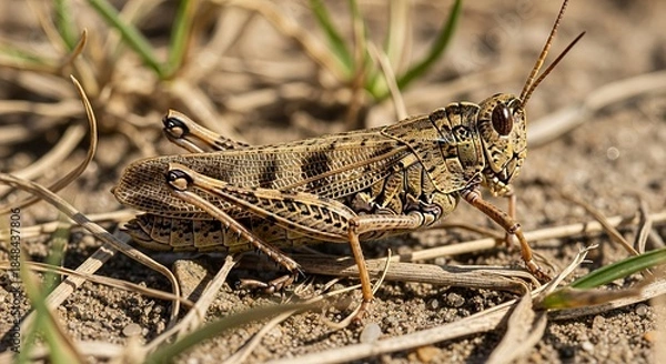 Obraz Grasshopper perched on green grass with long hind legs and textured body. A common jumping insect symbolizing nature, agriculture, and summer wildlife.