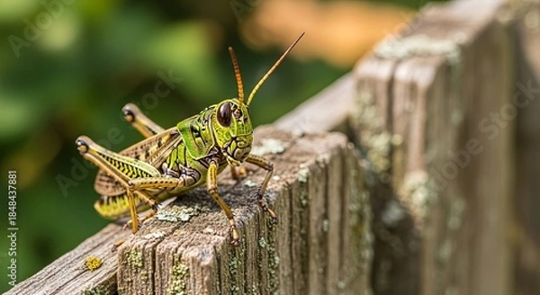Obraz Grasshopper perched on green grass with long hind legs and textured body. A common jumping insect symbolizing nature, agriculture, and summer wildlife.