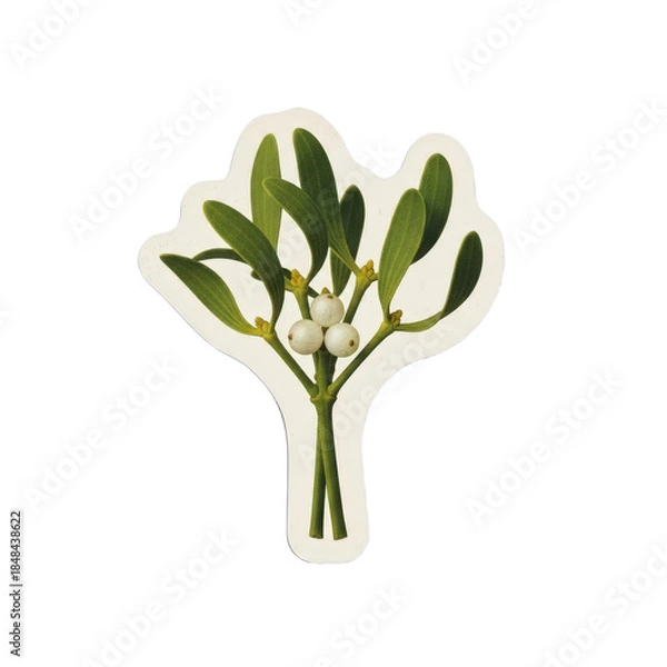 Obraz A mistletoe branch with white berries and green leaves isolated on a white background