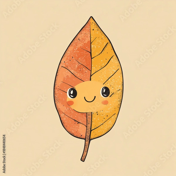 Fototapeta Cute hand drawn autumn leaf character with smiling face, minimalist flat illustration in warm colors, cozy seasonal design
