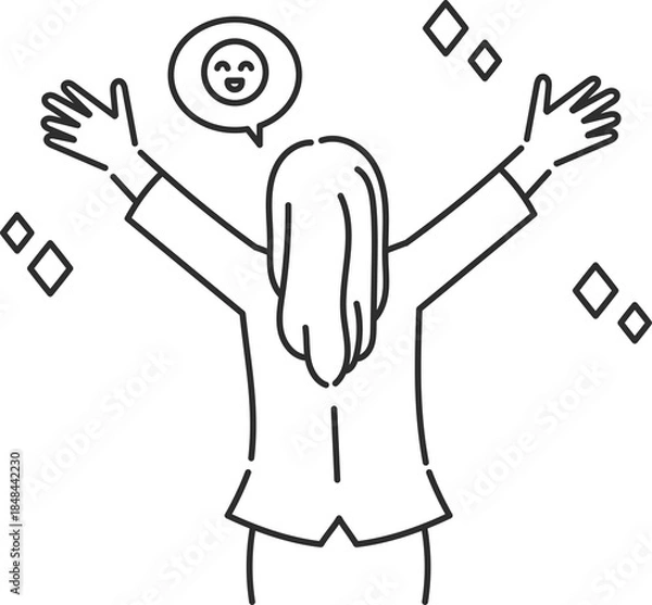 Fototapeta 嬉しくてバンザイをする後ろ姿のビジネスウーマンのイラスト　線画のみ