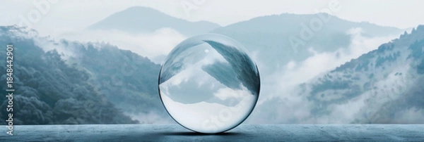 Fototapeta Glass sphere reflecting misty mountain landscape, minimalist cinematic scene with fog and soft light, abstract nature concept background