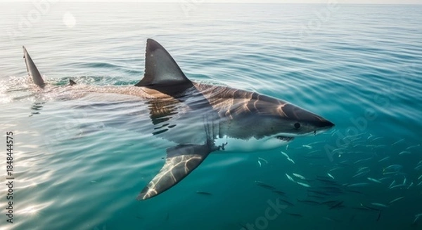 Obraz Great white shark swimming powerfully through deep blue ocean waters, showing its iconic body shape and sharp teeth. A top marine predator symbolizing strength and ocean wildlife.