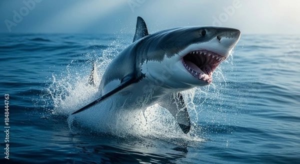 Obraz Great white shark swimming powerfully through deep blue ocean waters, showing its iconic body shape and sharp teeth. A top marine predator symbolizing strength and ocean wildlife.