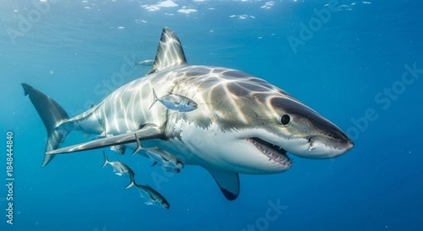 Obraz Great white shark swimming powerfully through deep blue ocean waters, showing its iconic body shape and sharp teeth. A top marine predator symbolizing strength and ocean wildlife.