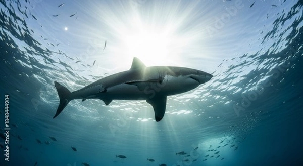 Obraz Great white shark swimming powerfully through deep blue ocean waters, showing its iconic body shape and sharp teeth. A top marine predator symbolizing strength and ocean wildlife.