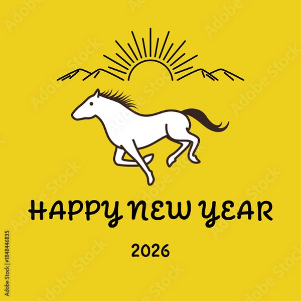 Obraz 2026年午年の年賀状カード　走る馬と初日の出のイラスト　スクエア正方形