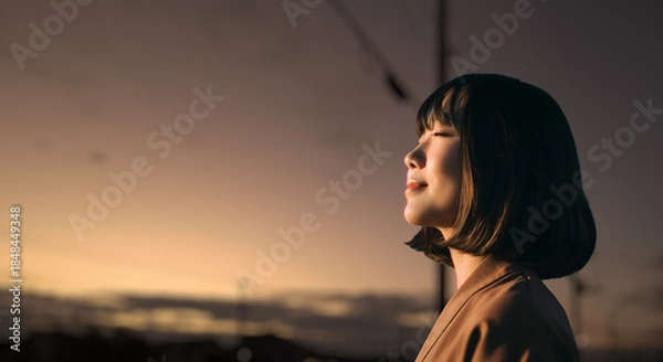 Obraz 美しい夕焼け・朝焼け　夕日・朝日に照らされた空と日の出の光を浴びた背景　空を見上げ上を向きリラックスした表情の女性の横顔　日本・旅行・観光・アウトドア・リラクゼーションの背景　希望・安堵のイメージ