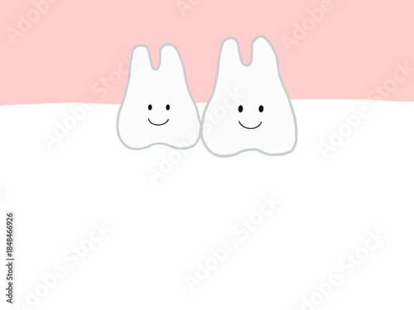 Fototapeta 健康で元気な2本の上の歯：かわいいキャラクターのイラスト・主線あり