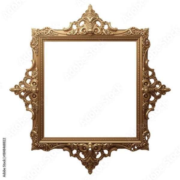 Fototapeta An ornate gold picture frame with intricate designs and carvings is isolated on a white background
