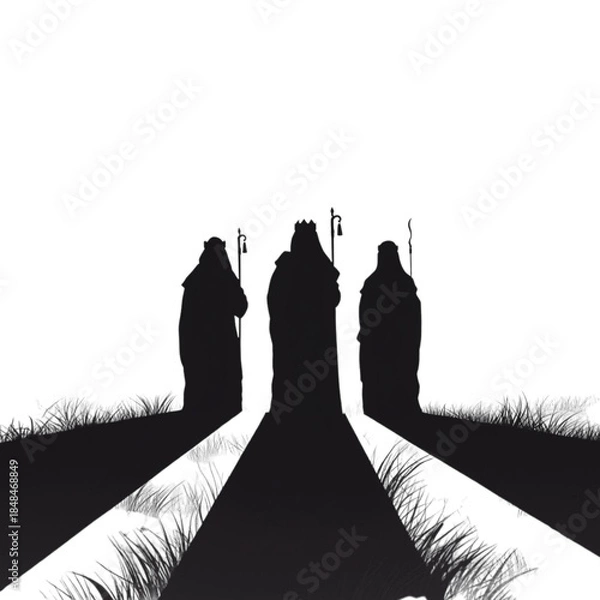 Fototapeta Three figures in robes standing on a path with staffs in a serene landscape