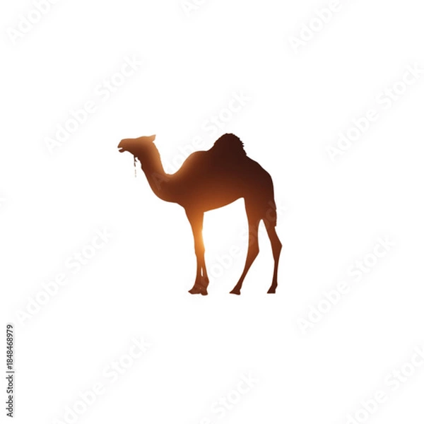 Fototapeta A camel standing alone on a white background at sunset