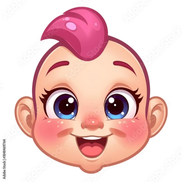 Fototapeta A cartoon baby's face with a pink mohawk and cheerful expression