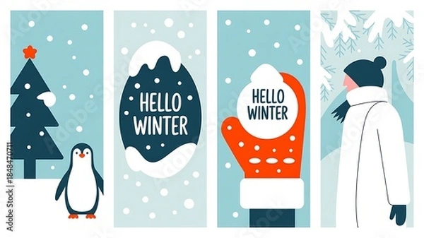 Fototapeta Winter Themed Illustrations with Penguin and Snow hello winter