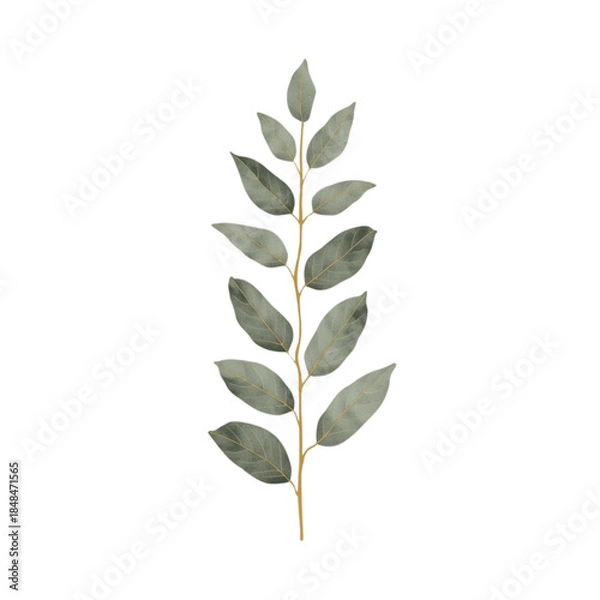 Fototapeta A single stem with green leaves isolated on a white background viewed from the side