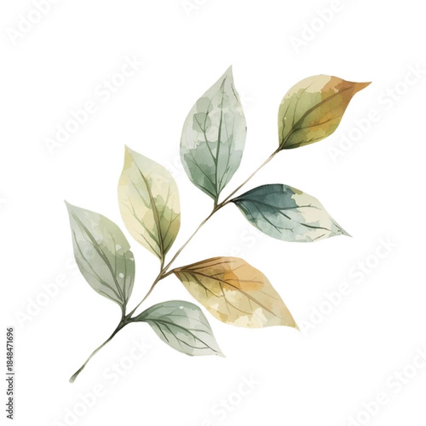 Fototapeta A serene branch with leaves in various shades of green and brown, painted in a watercolor style on a white background