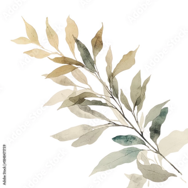 Fototapeta A serene branch with delicate leaves in muted tones on a white background