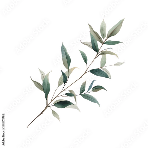 Fototapeta A serene branch with green leaves isolated on a white background