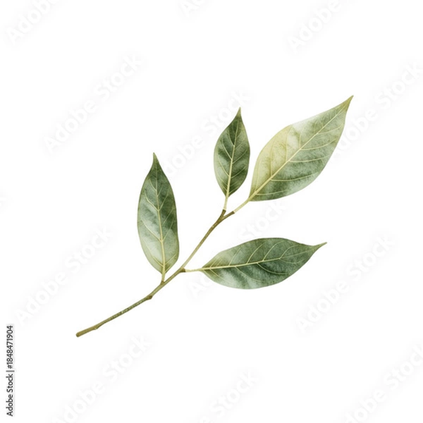 Fototapeta A serene branch with green leaves isolated on a white background