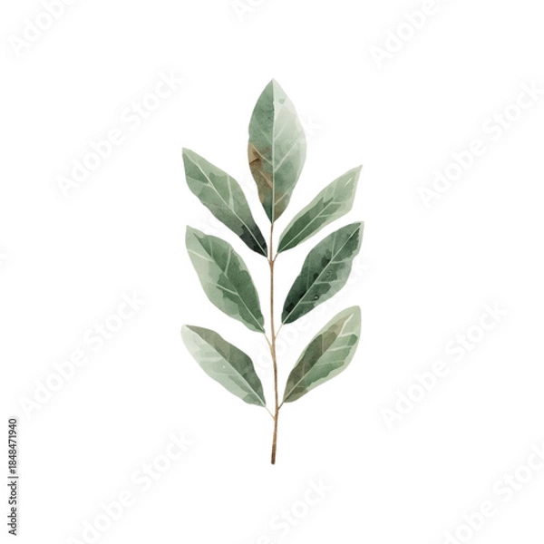 Fototapeta A serene watercolor illustration of a single stem with green leaves on a white background