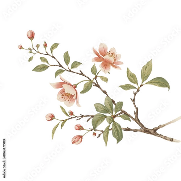 Fototapeta A branch with blooming flowers and buds on a white background