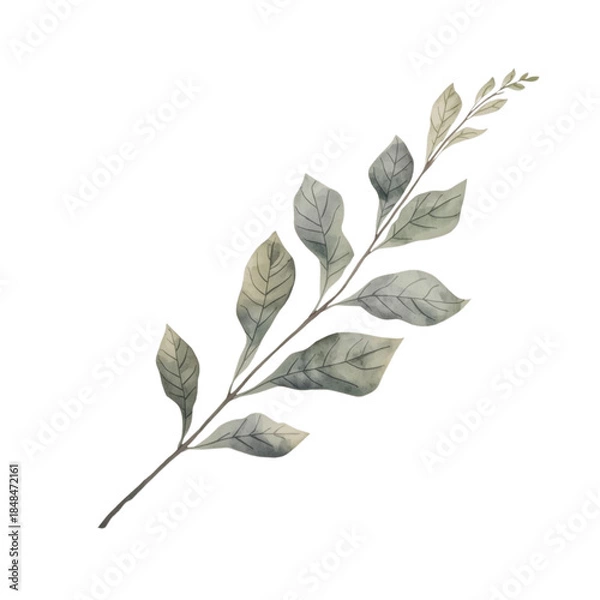 Fototapeta A serene branch with leaves isolated on a white background viewed from a straightforward perspective