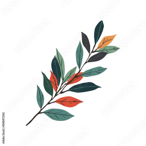 Fototapeta A branch with colorful leaves is illustrated against a white background from a straightforward viewpoint.
