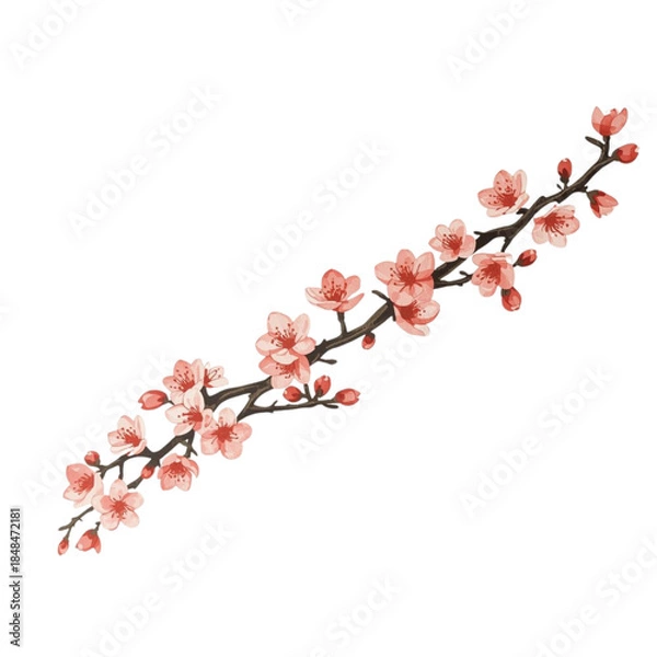 Fototapeta A delicate cherry blossom branch with pink flowers and buds isolated on white