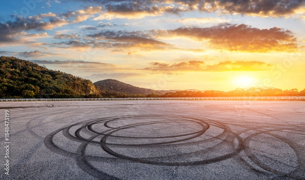 Obraz Asphalt race track road and mountain with dramatic sky clouds at sunset