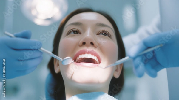 Fototapeta 歯科で口腔検査を受ける女性の様子