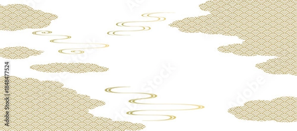 Obraz 流水紋と雲取りの背景イラスト　和風　波紋　吉祥文様　青海波