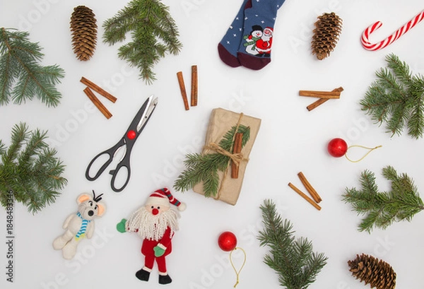 Obraz Christmas flat lay styled scene with evergreen fir tree, decorations