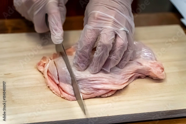 Obraz 鶏もも肉を切る