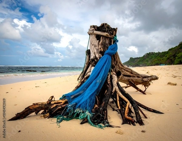 Fototapeta Weathered tree stump adorned with blue netting on a sandy beach