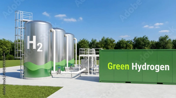 Fototapeta Green hydrogen production facility with large silver storage tanks and equipment