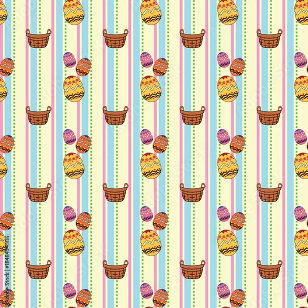 Obraz Cute Easter Eggs and Baskets Seamless Pattern on Pastel Stripes