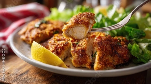 Obraz フォークに刺さったチキンカツ