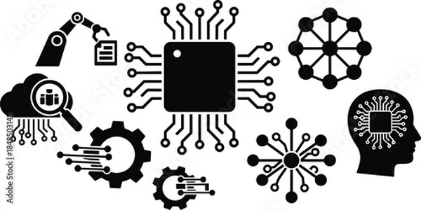 Fototapeta Artificial intelligence technology icons set, AI chip, robotics, neural network, automation, data science, machine learning, digital innovation illustration