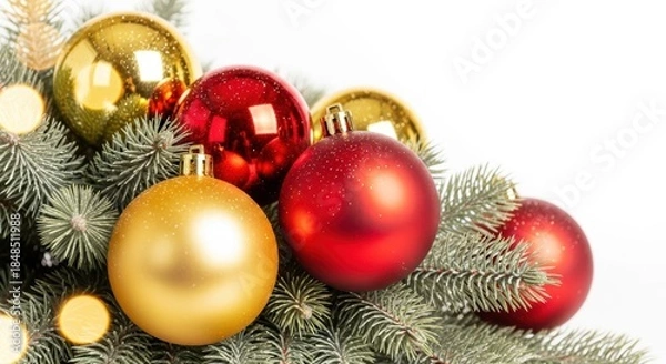 Fototapeta Christmas Ornaments Red And Gold On Fir Branch With Bokeh Lights Against White