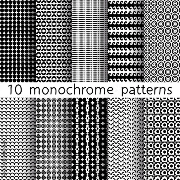 Obraz 10 monochrome seamless patterns for universal background. Black and white colors. Endless texture can be used for wallpaper, pattern fill, web page background. Vector illustration for web design.