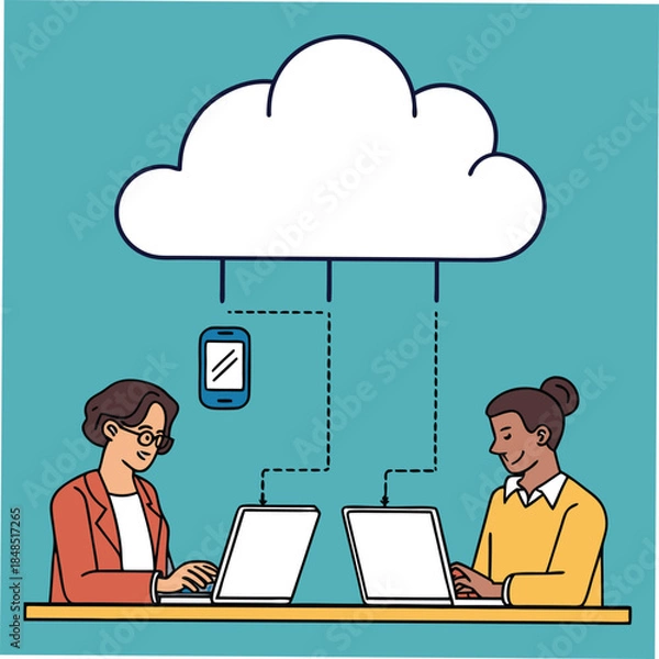 Obraz Two women working on laptops with a smartphone connected to a cloud computing technology