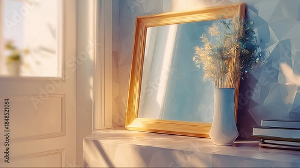Obraz 夕陽をやさしく映し出す、玄関脇に設置されたミラーがある整った暮らしの風景の水彩ポリゴン