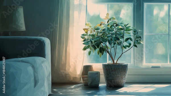 Obraz リビングの窓際に置かれたフェイクグリーンが、自然を感じさせる心地よい室内空間の水彩ポリゴン