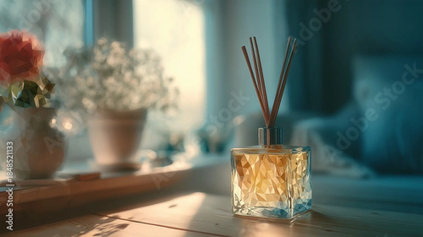 Obraz サイドテーブルの上に置かれたルームフレグランスが、静かな部屋に香りを添える日常の一角を描いた水彩ポリゴン