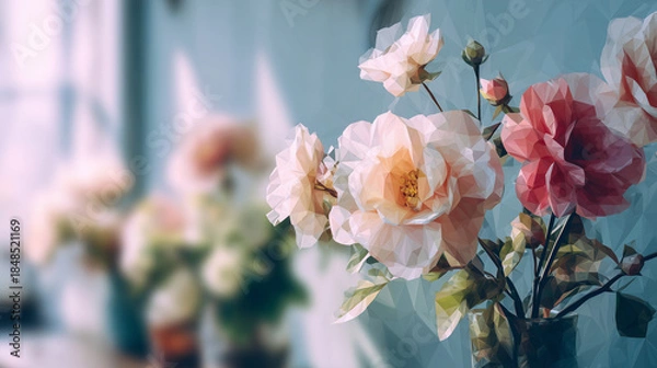 Obraz 飾られた多くの造花が、室内にやさしい彩りを添える穏やかな日常を描いた水彩ポリゴン