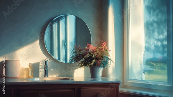 Obraz 朝の光をやさしく映し出す、玄関脇に設置されたミラーがある整った暮らしの風景の水彩ポリゴン