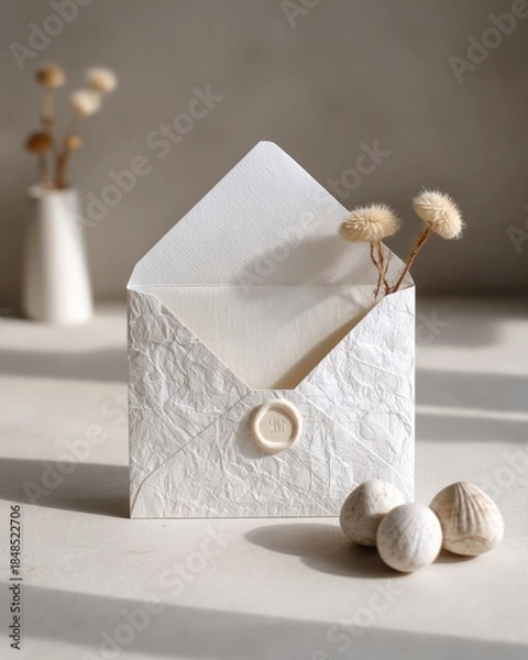 Obraz White Textured Envelope With Dried Flowers And Button