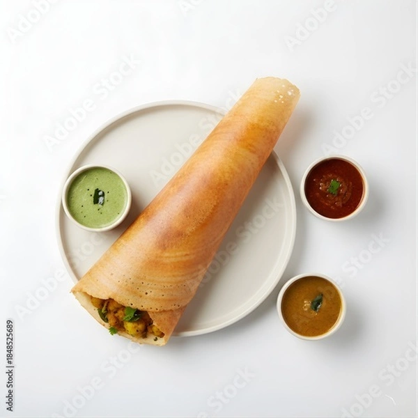 Fototapeta Masala Dosa (crispy South Indian fermented rice crepe filled with spiced potato), plated on ceramic plates with small ceramic bowls of chutney
